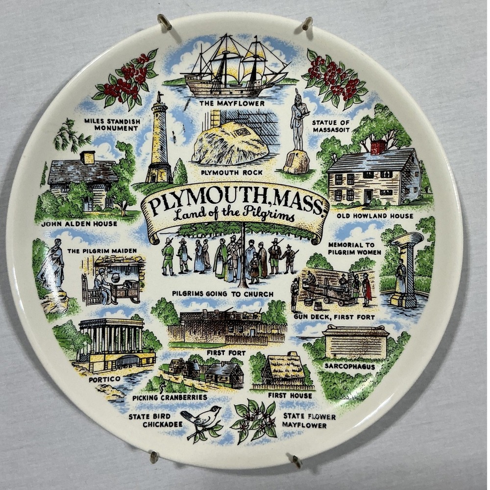 Vintage Plymouth Massachusetts Souvenir Plate Mayflower Ceramic 9.25 Retro Decor